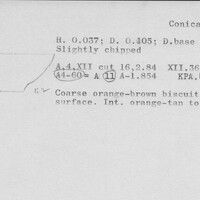 Index card with typed and handwritten information, sometimes including a sketch, of pottery from an excavation.