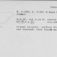 Index card with typed and handwritten information, sometimes including a sketch, of pottery from an excavation.