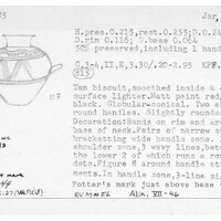 Index card with typed and handwritten information, sometimes including a sketch, of pottery from an excavation.