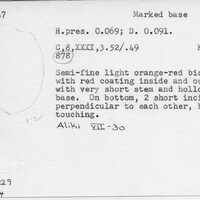 Index card with typed and handwritten information, sometimes including a sketch, of pottery from an excavation.