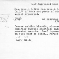 Index card with typed and handwritten information, sometimes including a sketch, of pottery from an excavation.