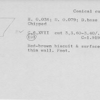 Index card with typed and handwritten information, sometimes including a sketch, of pottery from an excavation.
