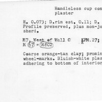 Index card with typed and handwritten information, sometimes including a sketch, of pottery from an excavation.