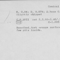 Index card with typed and handwritten information, sometimes including a sketch, of pottery from an excavation.