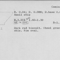 Index card with typed and handwritten information, sometimes including a sketch, of pottery from an excavation.