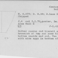 Index card with typed and handwritten information, sometimes including a sketch, of pottery from an excavation.