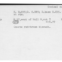 Index card with typed and handwritten information, sometimes including a sketch, of pottery from an excavation.