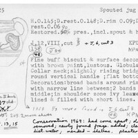Index card with typed and handwritten information, sometimes including a sketch, of pottery from an excavation.