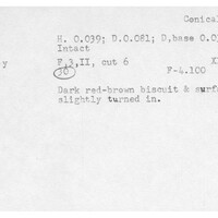 Index card with typed and handwritten information, sometimes including a sketch, of pottery from an excavation.