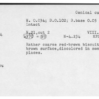 Index card with typed and handwritten information, sometimes including a sketch, of pottery from an excavation.