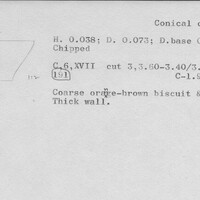 Index card with typed and handwritten information, sometimes including a sketch, of pottery from an excavation.