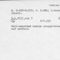 Index card with typed and handwritten information, sometimes including a sketch, of pottery from an excavation.