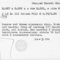 Index card with typed and handwritten information, sometimes including a sketch, of pottery from an excavation.