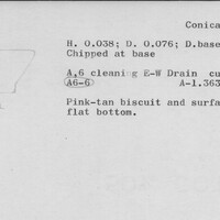 Index card with typed and handwritten information, sometimes including a sketch, of pottery from an excavation.