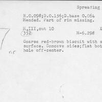 Index card with typed and handwritten information, sometimes including a sketch, of pottery from an excavation.