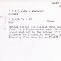 Index card with typed and handwritten information, sometimes including a sketch, of pottery from an excavation.