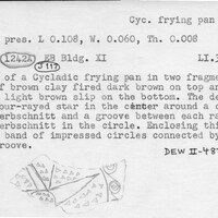 Index card with typed and handwritten information, sometimes including a sketch, of pottery from an excavation.