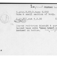 Index card with typed and handwritten information, sometimes including a sketch, of pottery from an excavation.