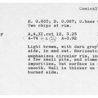 Index card with typed and handwritten information, sometimes including a sketch, of pottery from an excavation.