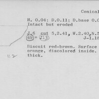 Index card with typed and handwritten information, sometimes including a sketch, of pottery from an excavation.