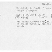 Index card with typed and handwritten information, sometimes including a sketch, of pottery from an excavation.