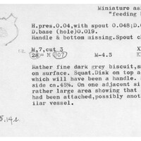 Index card with typed and handwritten information, sometimes including a sketch, of pottery from an excavation.