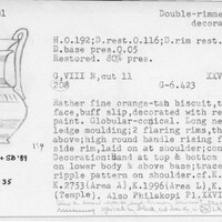 Index card with typed and handwritten information, sometimes including a sketch, of pottery from an excavation.