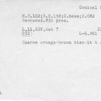 Index card with typed and handwritten information, sometimes including a sketch, of pottery from an excavation.