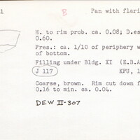 Index card with typed and handwritten information, sometimes including a sketch, of pottery from an excavation.
