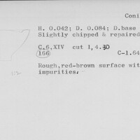 Index card with typed and handwritten information, sometimes including a sketch, of pottery from an excavation.