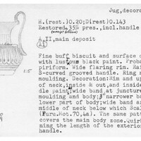 Index card with typed and handwritten information, sometimes including a sketch, of pottery from an excavation.