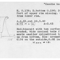 Index card with typed and handwritten information, sometimes including a sketch, of pottery from an excavation.
