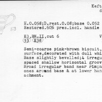 Index card with typed and handwritten information, sometimes including a sketch, of pottery from an excavation.