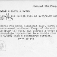 Index card with typed and handwritten information, sometimes including a sketch, of pottery from an excavation.