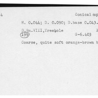 Index card with typed and handwritten information, sometimes including a sketch, of pottery from an excavation.