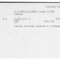 Index card with typed and handwritten information, sometimes including a sketch, of pottery from an excavation.