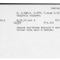 Index card with typed and handwritten information, sometimes including a sketch, of pottery from an excavation.