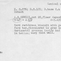 Index card with typed and handwritten information, sometimes including a sketch, of pottery from an excavation.