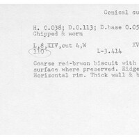 Index card with typed and handwritten information, sometimes including a sketch, of pottery from an excavation.