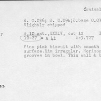 Index card with typed and handwritten information, sometimes including a sketch, of pottery from an excavation.