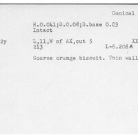 Index card with typed and handwritten information, sometimes including a sketch, of pottery from an excavation.