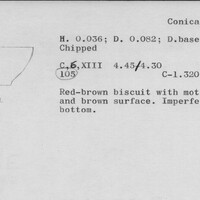 Index card with typed and handwritten information, sometimes including a sketch, of pottery from an excavation.