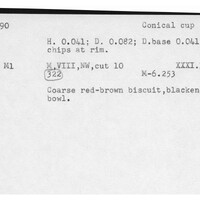 Index card with typed and handwritten information, sometimes including a sketch, of pottery from an excavation.