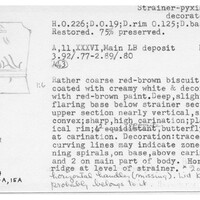 Index card with typed and handwritten information, sometimes including a sketch, of pottery from an excavation.