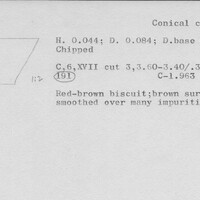 Index card with typed and handwritten information, sometimes including a sketch, of pottery from an excavation.