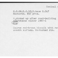Index card with typed and handwritten information, sometimes including a sketch, of pottery from an excavation.
