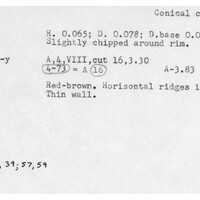 Index card with typed and handwritten information, sometimes including a sketch, of pottery from an excavation.