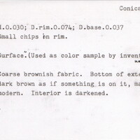 Index card with typed and handwritten information, sometimes including a sketch, of pottery from an excavation.