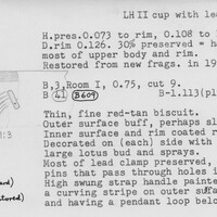 Index card with typed and handwritten information, sometimes including a sketch, of pottery from an excavation.