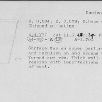 Index card with typed and handwritten information, sometimes including a sketch, of pottery from an excavation.